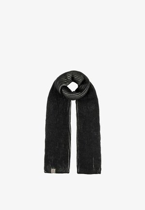 Dark gray ribbed knit scarf with subtle lighter gray stripes and a small fabric tag at one end.
