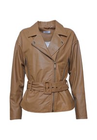 Braune Lederjacke mit tailliertem Gürtel, schrägem Reißverschluss und Reverskragen. Verfügt über zwei seitliche Reißverschluss-Taschen und eine glatte Textur.