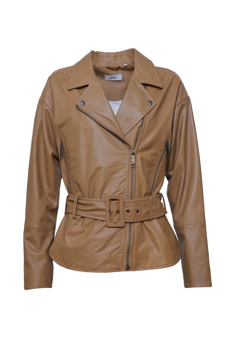 Braune Lederjacke mit tailliertem Gürtel, schrägem Reißverschluss und Reverskragen. Verfügt über zwei seitliche Reißverschluss-Taschen und eine glatte Textur.