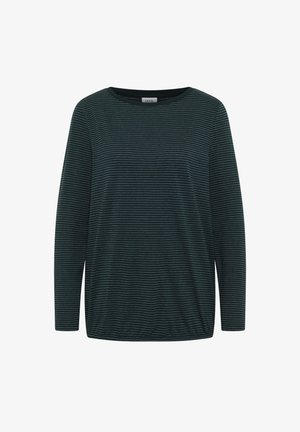 Dunkelgrünes Langarmoberteil mit dezenten horizontalen Streifen, Rundhalsausschnitt und einem lockeren Schnitt mit gerafftem Detail am Saum.