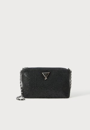 Black rectangular evening clutch covered in black rhinestones with silver chain strap and triangular Guess logo on front.
