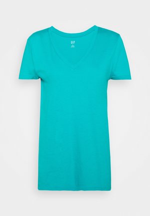 Türkisfarbendes Baumwoll-T-Shirt mit V-Ausschnitt, kurzen Ärmeln und geradem Saum. Verfügt über ein minimalistisches Design ohne Muster oder Verzierungen.