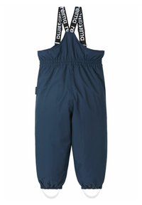Pantaloni impermeabili per bambini di colore blu navy, con vita e caviglie elastiche, bretelle nere regolabili con testo bianco "reima".