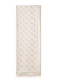 Hellbeiger Schal mit feinem Ton-in-Ton-Muster und Fransen an den Rändern. Der Stoff hat eine weiche Textur und zeigt auf einer Seite ein Logo.