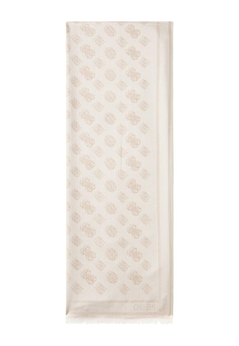 Hellbeiger Schal mit feinem Ton-in-Ton-Muster und Fransen an den Rändern. Der Stoff hat eine weiche Textur und zeigt auf einer Seite ein Logo.