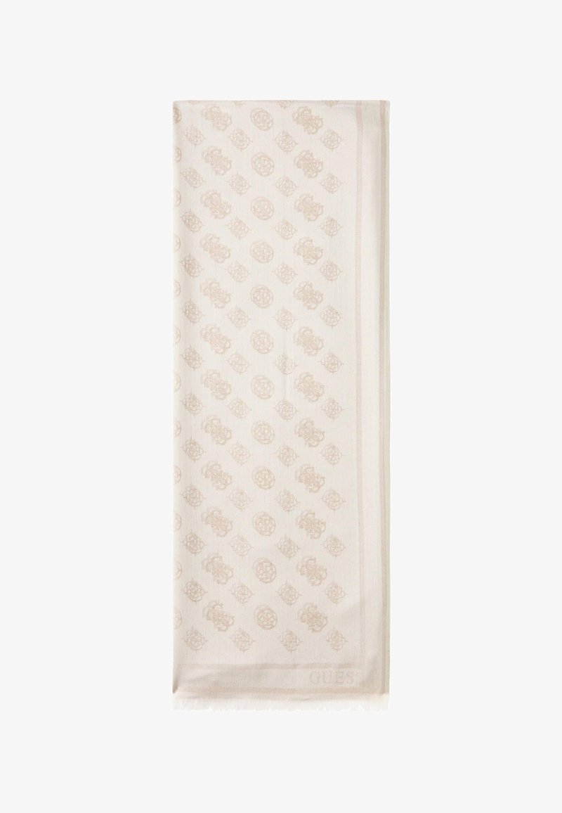 Hellbeiger Schal mit feinem Ton-in-Ton-Muster und Fransen an den Rändern. Der Stoff hat eine weiche Textur und zeigt auf einer Seite ein Logo.