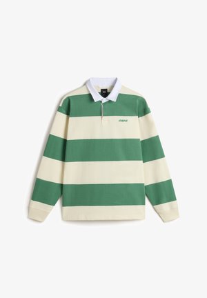 Zielona i kremowa w paski koszulka polo z długim rękawem, z białym kołnierzykiem i haftowanym logo na lewej piersi. Materiał bawełniany, ściągacze na rękawach.