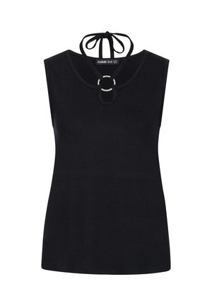Black sleeveless top made of soft fabric, featuring a round neckline with a gold-tone ring accent and tie detail at the back.