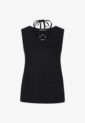 Juodas be rankovių viršus, pagamintas iš minkštos medžiagos, su apvaliu iškirpimu, kuris dekoruotas auksiniu žiedu ir užrišimu gale.