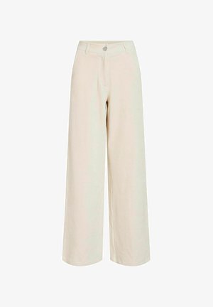 Krémové kalhoty s širokými nohavicemi vyrobené z texturovaného kordu, s vertikálními pruhy, předním zapínáním na knoflík a předními kapsami.