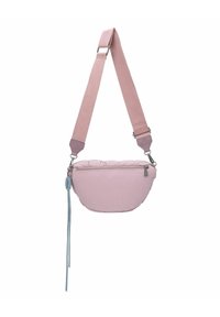 Bolso cruzado acolchado rosa con forma curva, correa de tela ajustable, herrajes plateados y un bolsillo con cremallera. Presenta un tassel decorativo.
