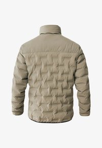 Giacca a vento in beige chiaro, con un design trapuntato, colletto alto e polsini elastici, realizzata in materiale liscio e resistente all'acqua.