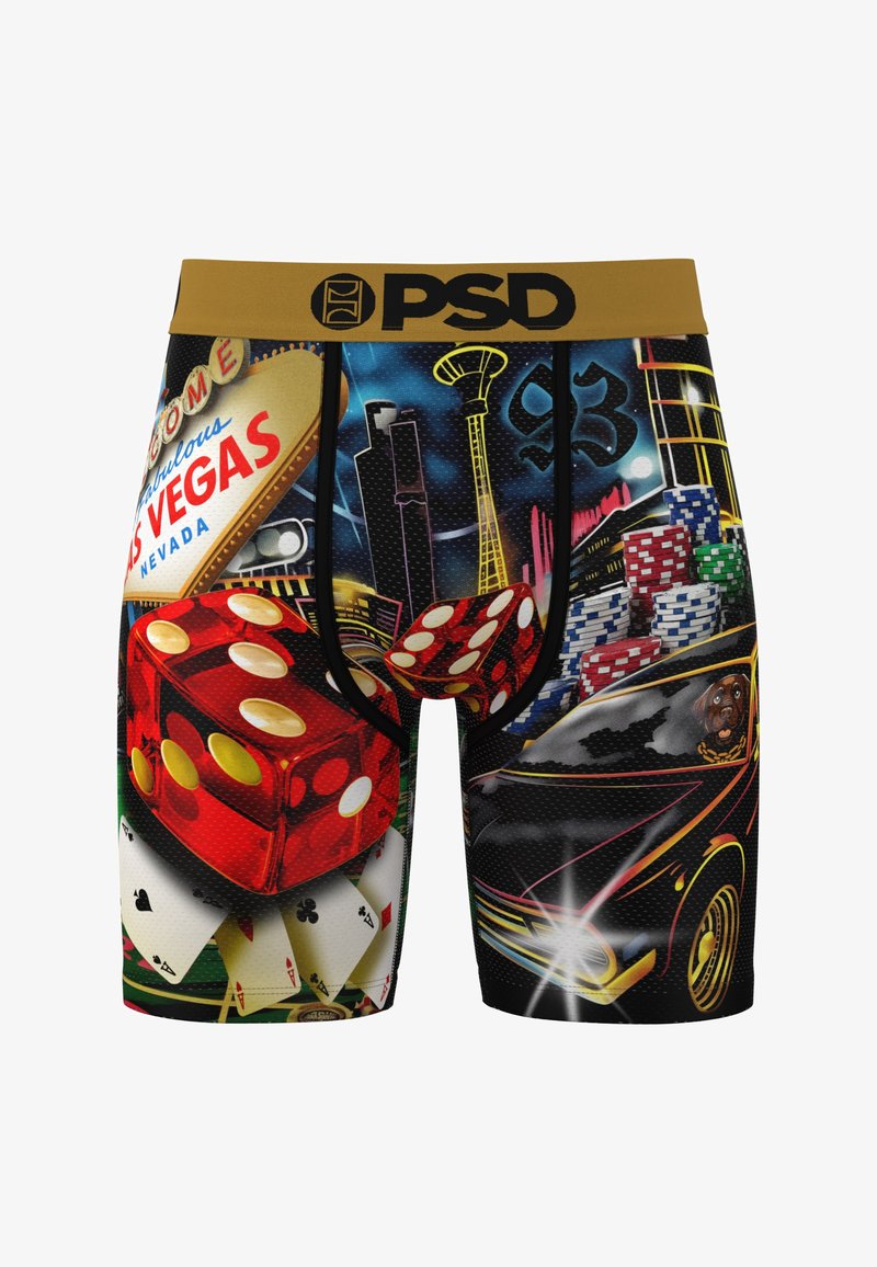 Boxers avec des graphiques colorés sur le thème de Las Vegas comprenant des dés, des cartes à jouer, des jetons de poker, la silhouette de la ville, une voiture vintage et le panneau « Welcome to Fabulous Las Vegas ».