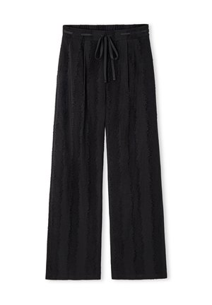 Pantaloni neri a gamba larga con sottili righe verticali testurizzate, vita elasticizzata e coulisse frontale.