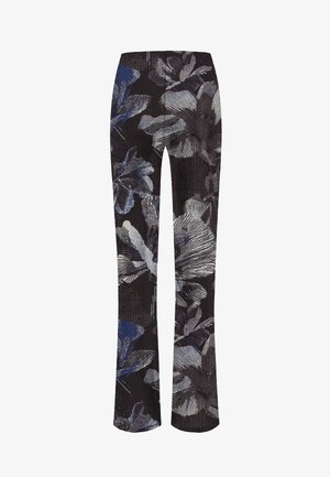 Flared pants with a black background, featuring a floral pattern in shades of blue and gray. Smooth texture with vertical striped accents.