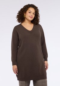 Vestito a maglia marrone con scollo a V e maniche lunghe, con polsini e orlo a coste. Indossato sopra pantaloni a quadri.