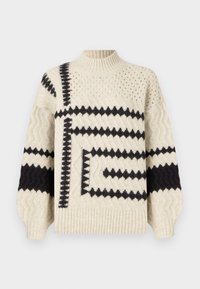 Cremefarvet og sort mønstret sweater med høj krave, der har geometriske designs, teksturerede striber og ribbede manchetter og kant.
