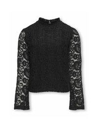 Svart spetsblus med långa ärmar, hög hals och intrikata blommönster. Tyget är semi-transparent med en texturerad yta.