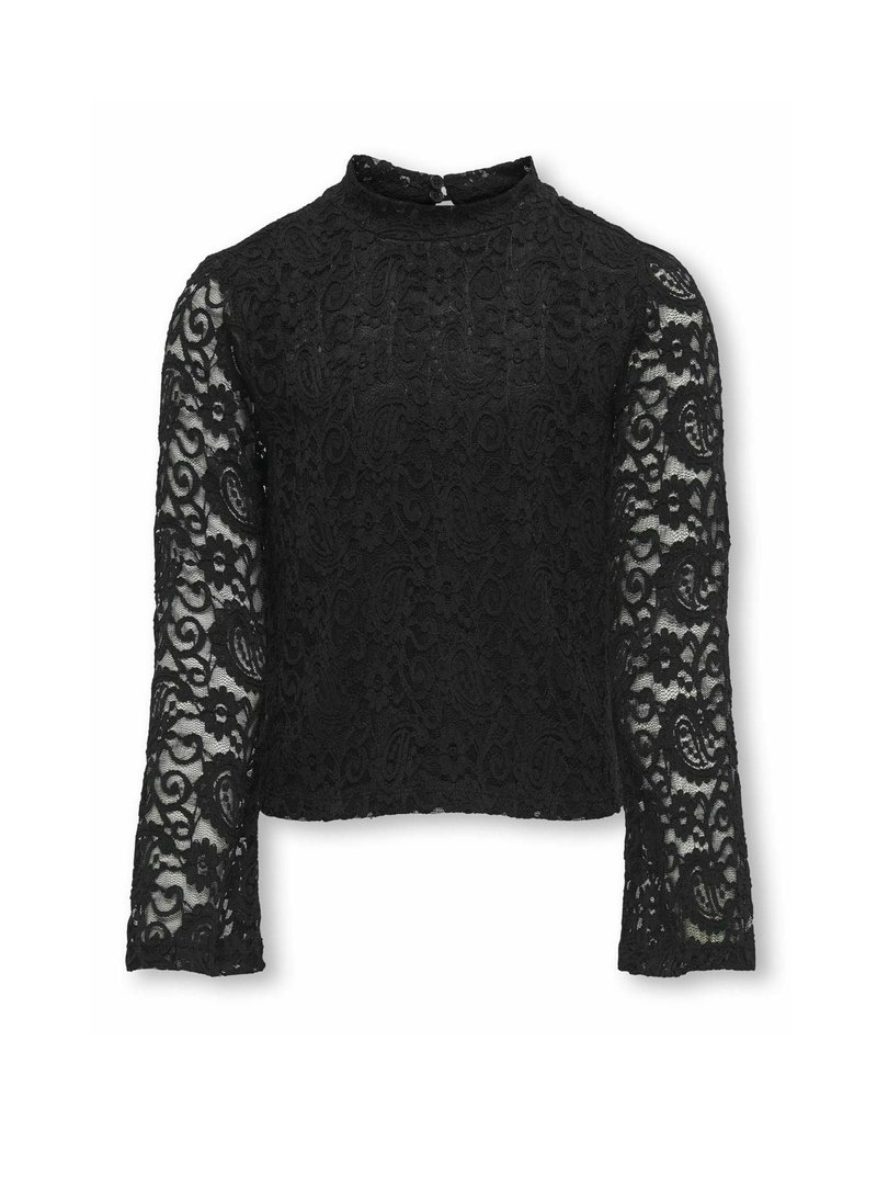 Svart spetsblus med långa ärmar, hög hals och intrikata blommönster. Tyget är semi-transparent med en texturerad yta.