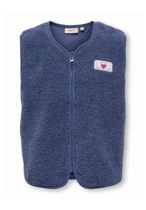 Blaues ärmelloses Fleece-Weste mit Reißverschluss und einem kleinen Patch mit einem Herz und dem Wort "Lovely" auf der oberen linken Seite.