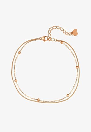 Bracciale a due strati realizzato in oro rosa, con accenti sferici lisci e chiusura a moschettone. Design della catena con texture e liscia.