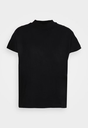 Black short-sleeve high-neck T-shirt with a straight hem, displayed on a white background.