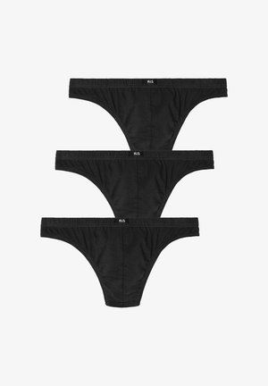 Black cotton thong underwear set, featuring elastic waistbands and slim cut. Three pieces displayed, with visible brand logo on waistband.