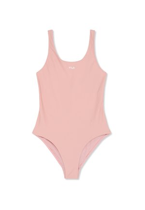 Costume intero rosa con ampie spalline e piccolo logo FILA bianco al centro del petto, fotografato in piano su sfondo bianco.