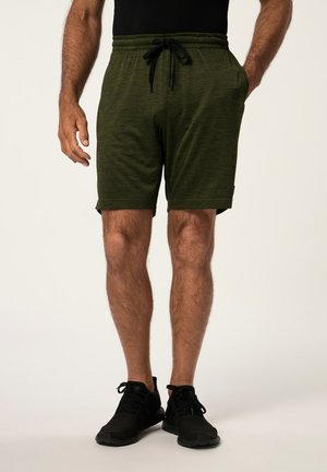 Grüne Sportshorts mit einer strukturierten Oberfläche, elastischem Bund und schwarzem Kordelzug. Mit Taschen und einem entspannenden Schnitt.