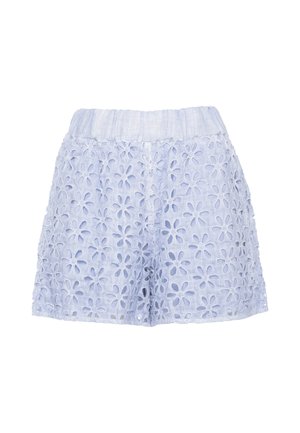 Pantaloncini di cotone azzurri chiaro con vita elastica e motivo floreale ricamato traforato su tutto il tessuto.