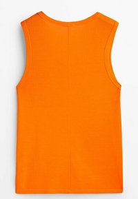 Débardeur sans manches orange côtelé avec encolure ronde, vu de dos sur fond blanc.