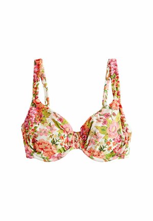 Floral print underwire bra with adjustable straps, featuring pink, red, and green flowers on a white background.