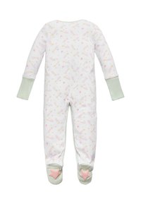 Mono de manga larga blanco con un patrón de arcoíris pastel y estrellas, puños en verde menta y diseño con pies que presenta acentos de estrellas rosas en las suelas.