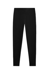 Leggings noirs en tissu extensible, présentant une taille haute et un design lisse et sans coutures, adaptés à diverses activités.
