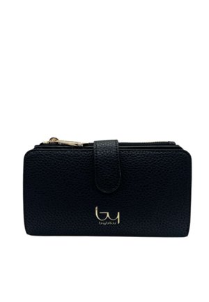 Portafoglio in pelle nera con texture, cerniera dorata e chiusura a scatto, con piccolo logo dorato "byblos" al centro davanti.