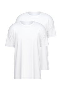 Zwei schlichte weiße T-Shirts aus Baumwolle, mit kurzen Ärmeln, Rundhalsausschnitten und einer normalen Passform. Keine sichtbaren Muster oder Grafiken.