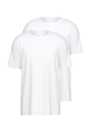 Deux t-shirts blancs unis en coton, à manches courtes, avec des encolures rondes et une coupe standard. Pas de motifs ni graphiques visibles.