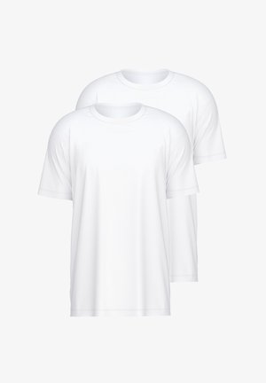 Two plain white t-shirts made of cotton, featuring short sleeves, round necklines, and a standard fit. No visible patterns or graphics.