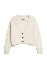 Korte, crèmekleurige cardigan van zachte stof met een V-hals, voorzien van drie bruine knopen en geribbelde manchetten en zoom.