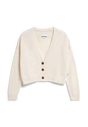 Gekürzter, cremefarbener Cardigan aus weichem Material mit V-Ausschnitt, drei braunen Knöpfen und gerippten Bündchen und Saum.