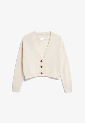 Cardigan corto in crema realizzato in materiale morbido con scollo a V, caratterizzato da tre bottoni marroni e polsini e orlo a coste.