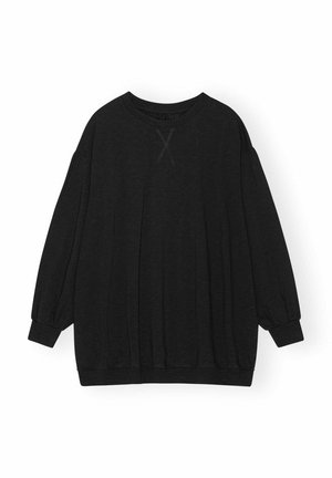 Losse zwarte sweatshirt met lange mouwen, ribgebreide manchetten en zoom, ronde halslijn en subtiele stikdetails onder de kraag.