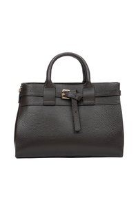 Ciemnobrązowa skórzana torebka z fakturowaną powierzchnią, dwiema krótkimi rączkami, detalem w postaci klamry oraz usztywnionym kształtem.