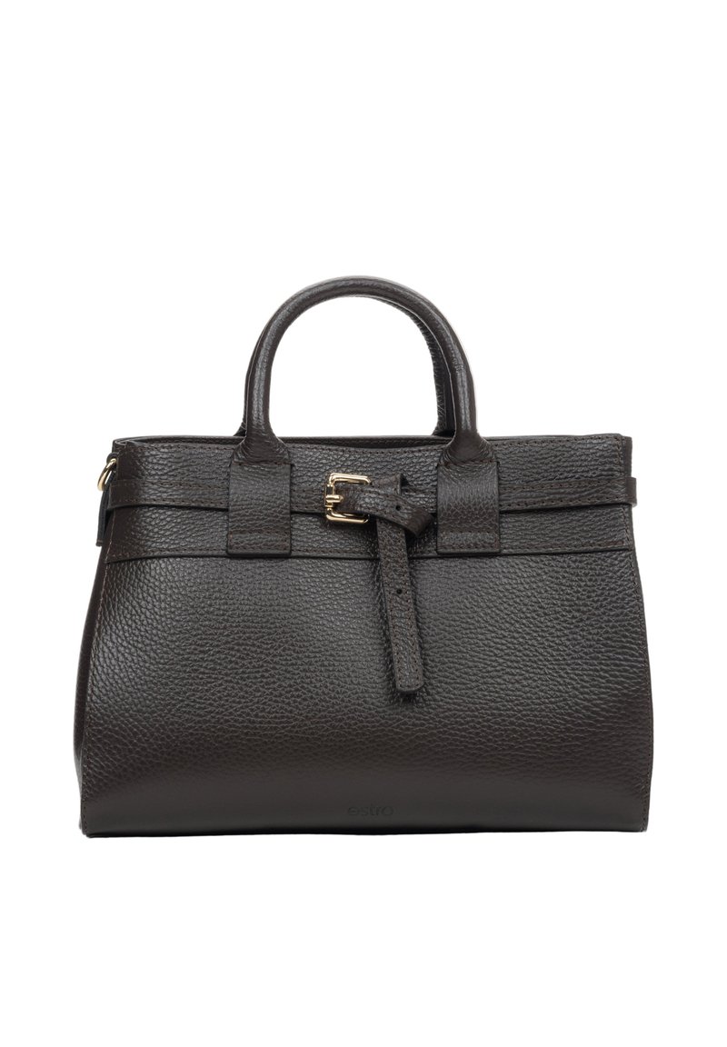 Ciemnobrązowa skórzana torebka z fakturowaną powierzchnią, dwiema krótkimi rączkami, detalem w postaci klamry oraz usztywnionym kształtem.