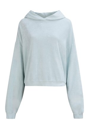 Haut de sweat à capuche court bleu clair en tissu doux, doté de manches longues, d'une capuche avec cordon de serrage et d'un ourlet et de poignets côtelés.