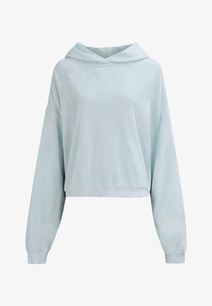 Haut de sweat à capuche court bleu clair en tissu doux, doté de manches longues, d'une capuche avec cordon de serrage et d'un ourlet et de poignets côtelés.