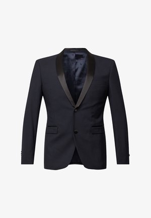 Marineblauwe tuxedo-jas met een satijnen sjalkraag, een enkele-knop sluiting, twee voorkeurszakken en een gladde binnenvoering.