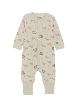 Dors-bien beige pour bébé avec motifs animaliers. Dispose de manches longues, d'une fermeture à pression à l'avant et de poignets côtelés. Fabriqué en tissu doux et confortable.
