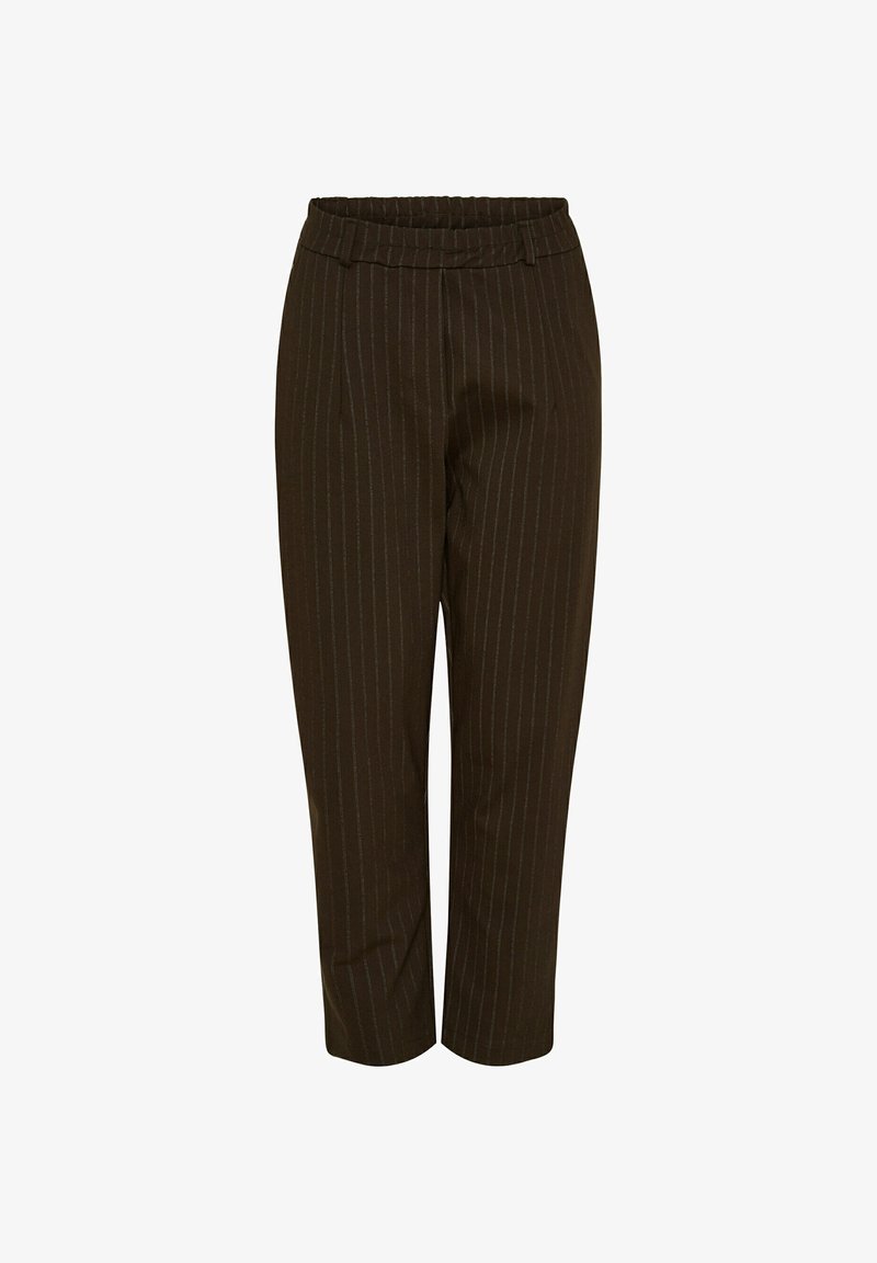 Mørkebrune stribede bukser med en tætsiddende pasform, der har en elastisk talje og ingen synlige spænder eller lommer. Glat tekstur.