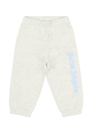 Jasnoszare spodnie dresowe z elastycznym pasem i mankietami, z pionowo nadrukowanym niebieskim napisem „Palm Angels” na prawej nodze.
